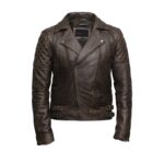 mens detailed stiched brown leather biker jacket - Image 2