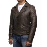mens detailed stiched brown leather biker jacket