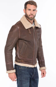 Mens Bomber Shearling Brown Sheepskin Leather Jacket - Mauve Tree - Image 3