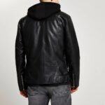 black stylish faux leather biker jacket for men with belted waist - Image 3