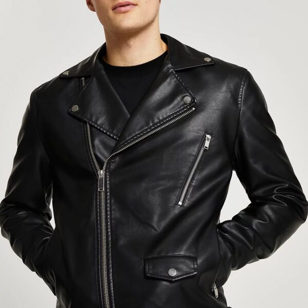 black stylish faux leather biker jacket for men with belted waist