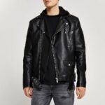 black stylish faux leather biker jacket for men with belted waist - Image 2