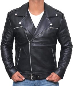 mens black lambskin leather biker jacket - Image 2