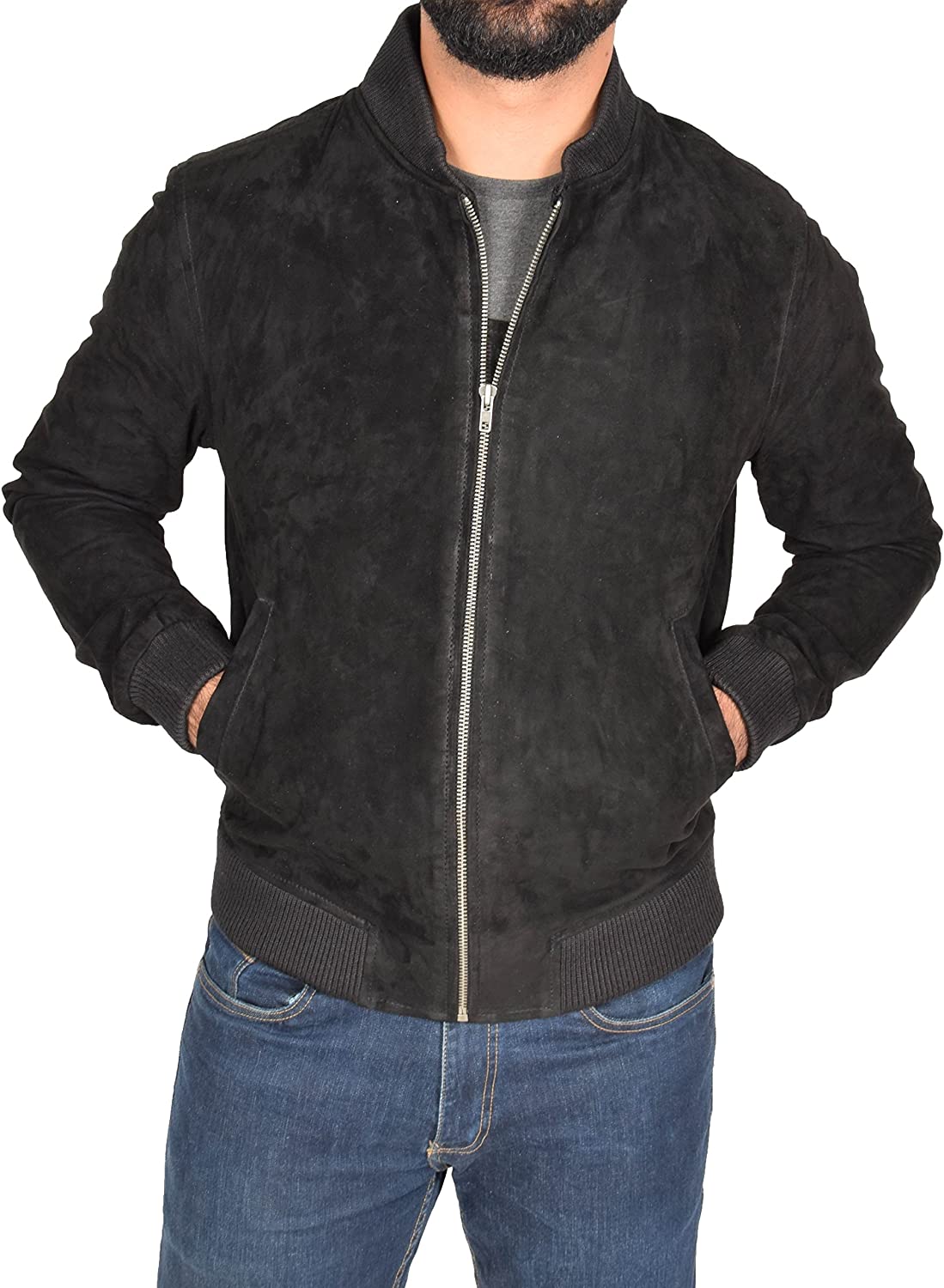 FASN545-Mens-Real-Soft-Goat-Suede-Bomber-Jacket-Black-Slim-Fit-Varsity-Baseball-Coat-Blur-Featured-1.jpg mens real soft goat suede bomber jacket black slim fit varsity baseball coat blur - Image 1