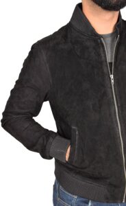 mens real soft goat suede bomber jacket black slim fit varsity baseball coat blur - Image 2