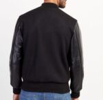 mens classic black wool with leather sleeves jacket - Image 3