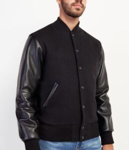mens classic black wool with leather sleeves jacket