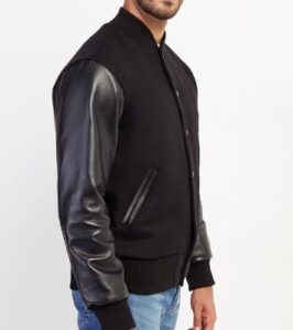 mens classic black wool with leather sleeves jacket - Image 2