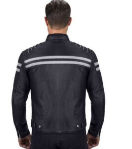 mens reflective stripes black leather jacket - Image 3