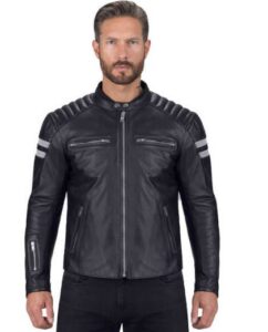 mens reflective stripes black leather jacket