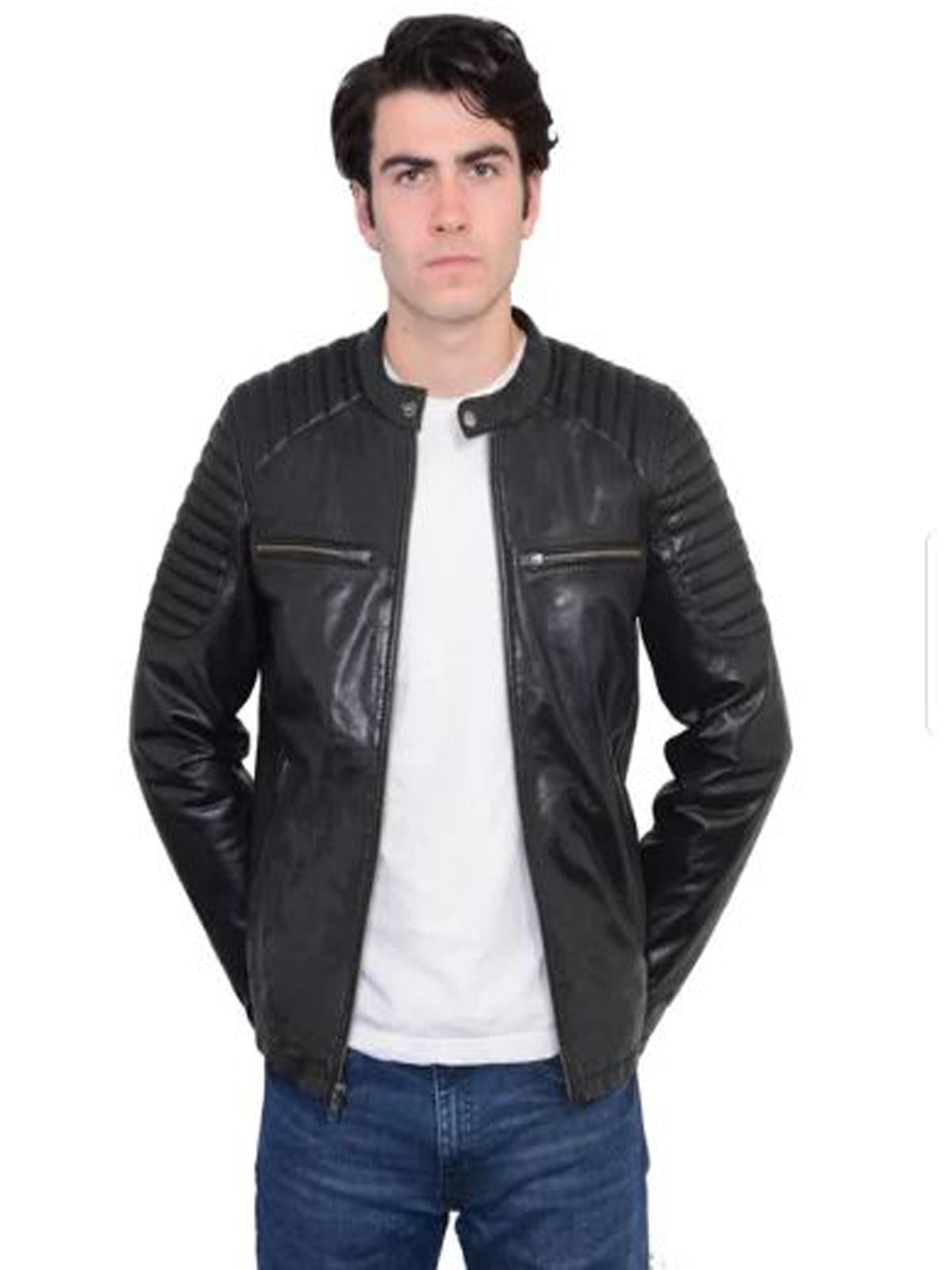 FASN668-Featured-1.jpg Mens Black Leather Jacket With Quilted Shoulders - Image 1