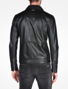 black sheepskin leather moto jacket for men - Image 3