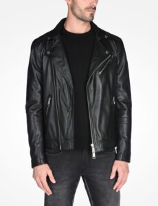 black sheepskin leather moto jacket for men