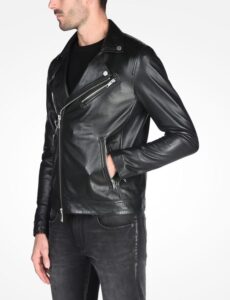 black sheepskin leather moto jacket for men - Image 2