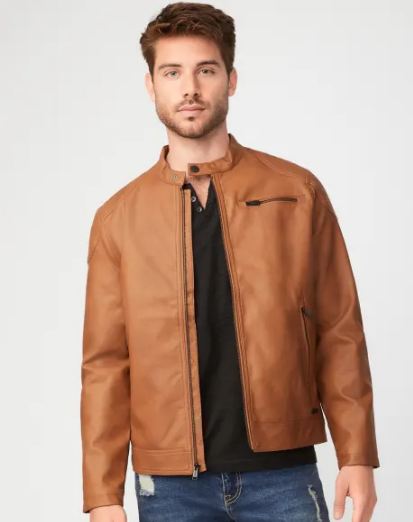 mens moto style brown faux leather jacket