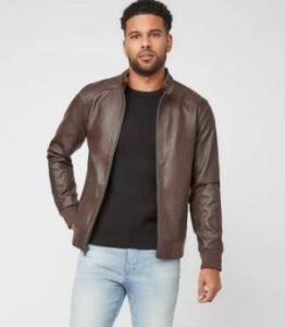 mens moto classic brown faux leather jacket - Image 2