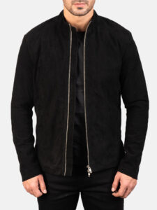 charcoal black leather biker jacket for men - Image 2