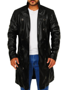 black faux leather long coat