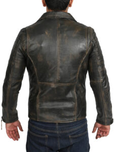 Black Rub Off Biker Leather Jacket For Men - Image 3