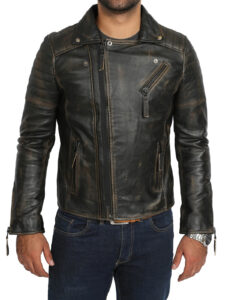 Black Rub Off Biker Leather Jacket For Men - Image 2