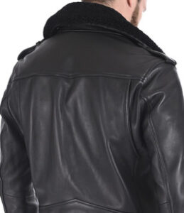Mens Black Biker Leather Jacket With Shearling Collar - Image 2