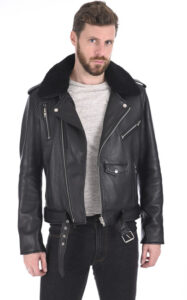 Mens Black Biker Leather Jacket With Shearling Collar