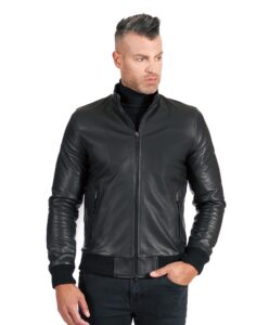 Mens Smooth Black Bomber Leather Jacket - Image 3