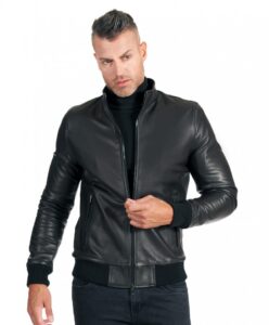 Mens Smooth Black Bomber Leather Jacket