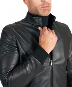 Mens Smooth Black Bomber Leather Jacket - Image 2