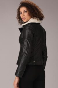 Genuine Quality Black Leather Jacket With Shoulder Quilt For Women - Image 3