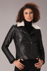Genuine Quality Black Leather Jacket With Shoulder Quilt For Women