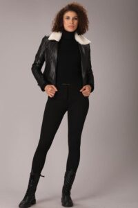 Genuine Quality Black Leather Jacket With Shoulder Quilt For Women - Image 2