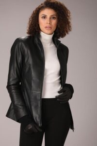 Womens Slim Fit Lambskin Leather Jacket In Black - Image 2