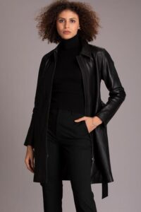 Modern Style Black Lambskin Leather Coat For Women