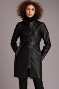 Modern Style Black Lambskin Leather Coat For Women - Image 2