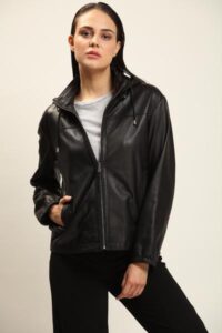 Black Lambskin Leather Jacket With Detachable Hood For Women