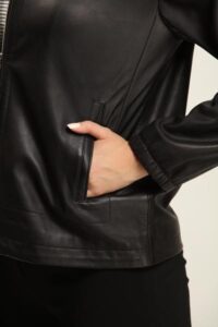 Black Lambskin Leather Jacket With Detachable Hood For Women - Image 2