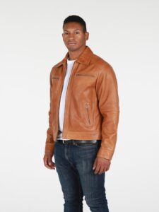 Men Tan Biker Leather Jacket - Image 3