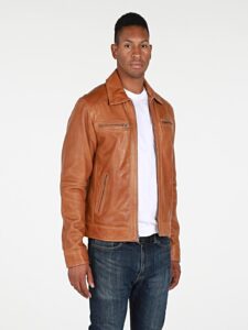 Men Tan Biker Leather Jacket - Image 2