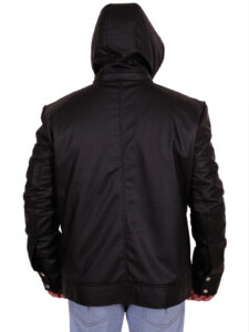 Stylish Black Hoodie Leather Jacket - Image 2
