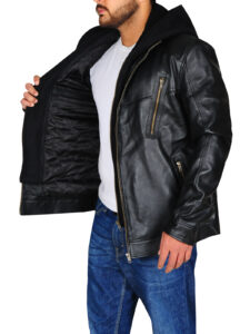 Black Leather Jacket With Hoodie - Image 4
