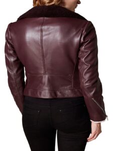 Women Brown Fur Collar Leather Jacket - Image 2
