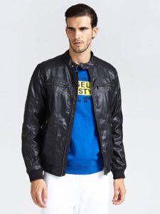 Men Leather Rib Knitted Jacket - Image 3