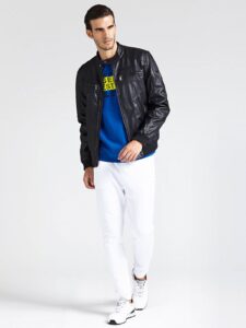 Men Leather Rib Knitted Jacket