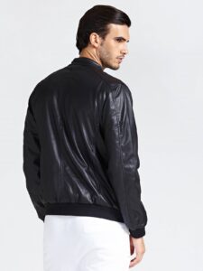 Men Leather Rib Knitted Jacket - Image 2
