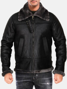 Men Black Shearling Jacket With Hoodie - Mauve Tree