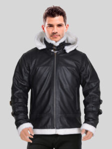 Men B3 Bomber Sheepskin Shearling Hoodie Jacket - Mauve Tree - Image 3