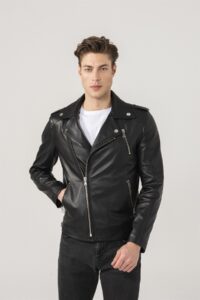 Men Black Biker Jacket Witch Detail Stitching - Mauve Tree
