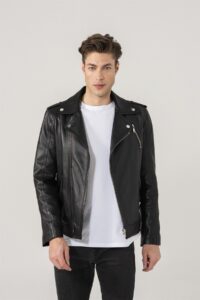 Men Black Biker Jacket Witch Detail Stitching - Mauve Tree - Image 2