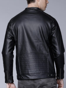 Men Black Faux Biker Style Jacket - Image 3